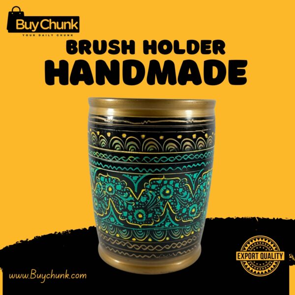 Rose Wood Hand Made Lacquer Art Pen Console - Teal & Gold Swirl Brush Holder