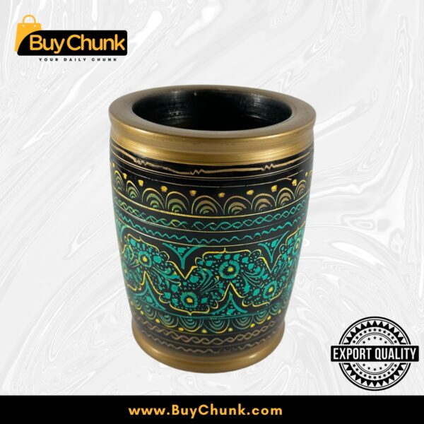 Rose Wood Hand Made Lacquer Art Pen Console - Teal & Gold Swirl Brush Holder