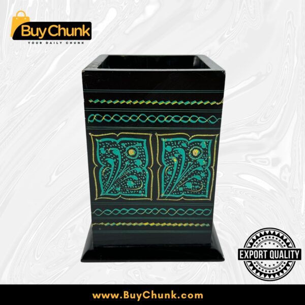 Rose Wood Hand Made Lacquer Art Pen Console – Emerald Vines Design – Brush Holder