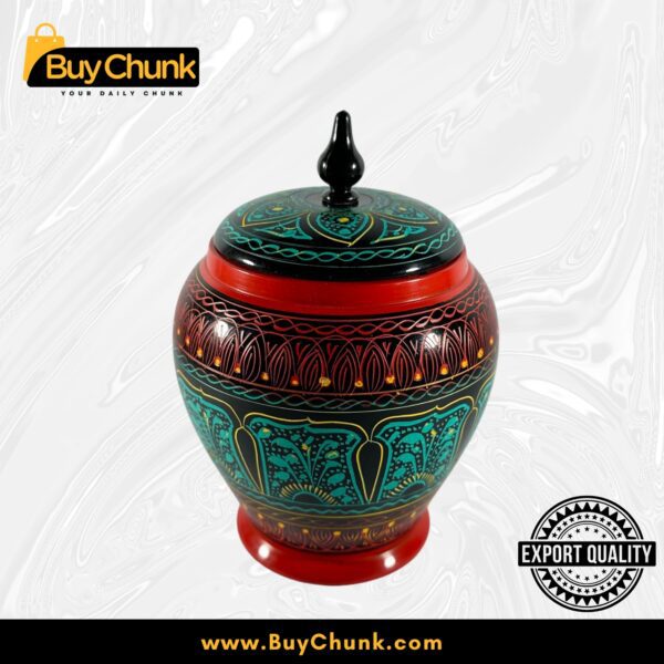 Handmade Rose Wood Lacquer Art Candy Jar Red Green Radial Design