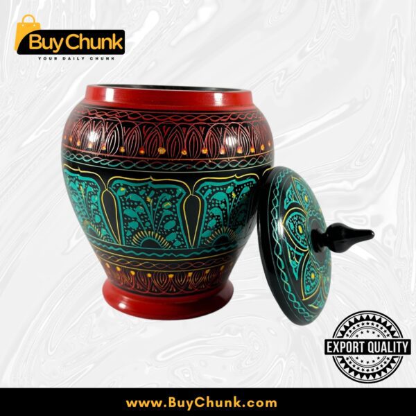 Handmade Rose Wood Lacquer Art Candy Jar Red Green Radial Design