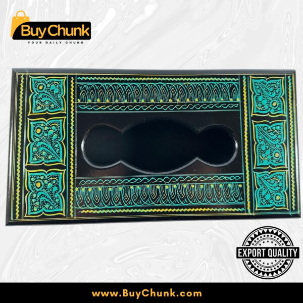 Rose Wood Handmade Lacquer Art Teal Wave Motif Tissue Box
