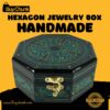 Top-down view of an exquisite green octagon-shaped handmade lacquer art jewelry box with a central emerald mandala floral design and gold accents on a black background. Features an 'EXPORT QUALITY' stamp.