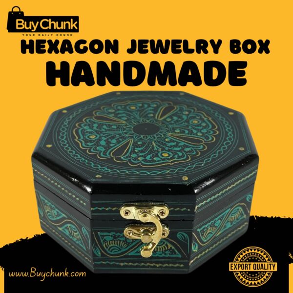 Top-down view of an exquisite green octagon-shaped handmade lacquer art jewelry box with a central emerald mandala floral design and gold accents on a black background. Features an 'EXPORT QUALITY' stamp.