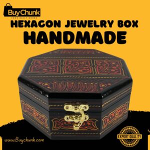 Overhead view of a stunning red octagon-shaped handmade lacquer art jewelry box featuring a ruby panel grid design with gold highlights on a black base. Includes 'EXPORT QUALITY' badge, Rose Wood Handmade Lacquer Art Jewelry Box