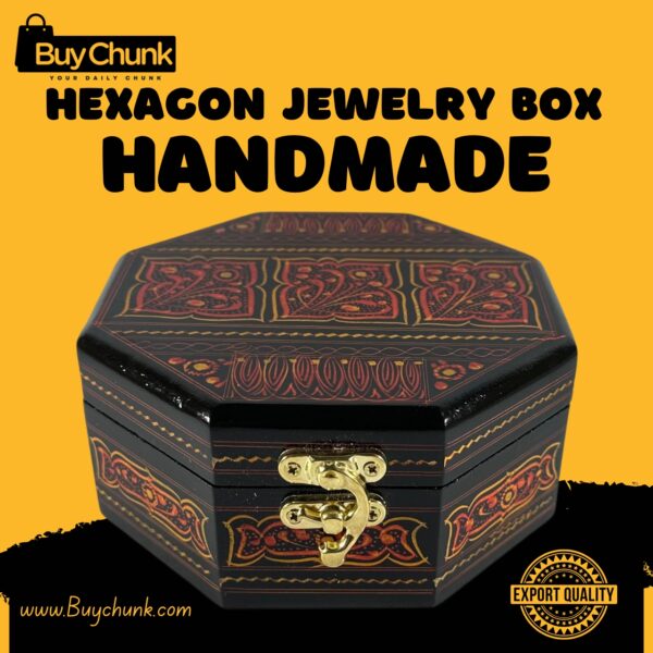 Overhead view of a stunning red octagon-shaped handmade lacquer art jewelry box featuring a ruby panel grid design with gold highlights on a black base. Includes 'EXPORT QUALITY' badge, Rose Wood Handmade Lacquer Art Jewelry Box
