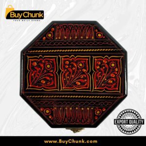 Overhead view of a stunning red octagon-shaped handmade lacquer art jewelry box featuring a ruby panel grid design with gold highlights on a black base. Includes 'EXPORT QUALITY' badge, Rose Wood Handmade Lacquer Art Jewelry Box