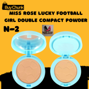 Open Miss Rose Lucky Football Girl Double Compact Powder in shade BN2, revealing the matte finish powder with a unique hexagonal football pattern and an integrated mirror.