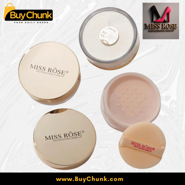 Miss Rose Luxury Rose Gold Matte Setting Powder packaging, showing the elegant box, open compact, and soft applicator puff.