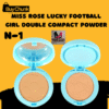 Open Miss Rose Lucky Football Girl Double Compact Powder in shade BN1, showing the matte finish powder with a distinctive hexagonal football design and a built-in mirror.