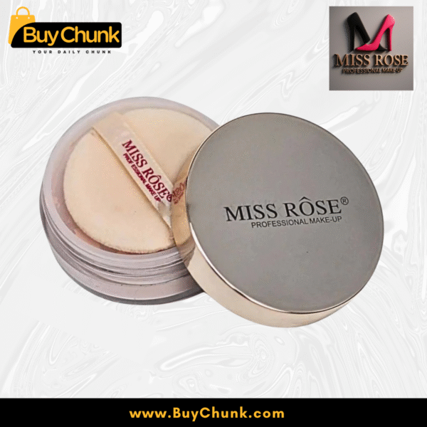 Close-up of the open Miss Rose Luxury Rose Gold Matte Setting Powder compact with the silky soft puff inside, revealing the finely milled powder.