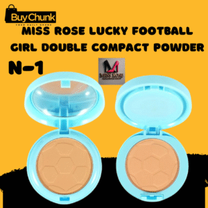 Open Miss Rose Lucky Football Girl Double Compact Powder in shade BN1, showing the matte finish powder with a distinctive hexagonal football design and a built-in mirror.