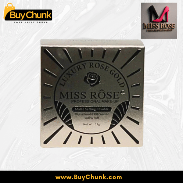 Miss Rose Luxury Rose Gold Matte Setting Powder packaging, showing the elegant box, open compact, and soft applicator puff.