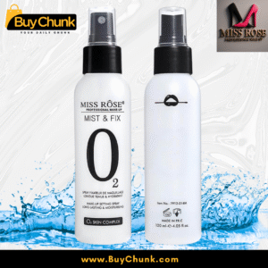 Front and back view of Miss Rose O2 Mist & Fix Setting Spray bottles, showcasing the sleek design and product details.