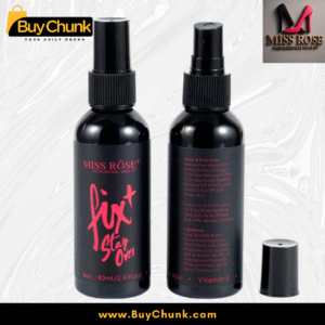 Two Miss Rose Fix and Stay Over Makeup Fixer bottles and their sleek black boxes, showcasing the product's elegant design for a flawless finish.