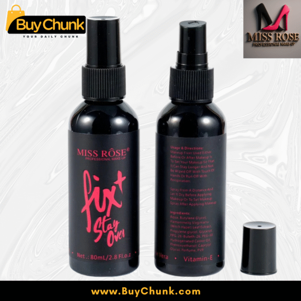 Two Miss Rose Fix and Stay Over Makeup Fixer bottles and their sleek black boxes, showcasing the product's elegant design for a flawless finish.