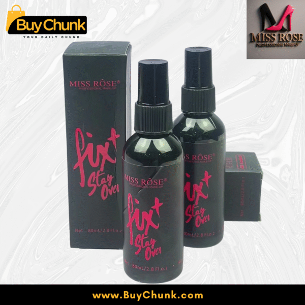 Back of the Miss Rose Fix and Stay Over Makeup Fixer bottle, showing usage directions and key ingredients like Aloe Vera and Vitamin E for skin nourishment.