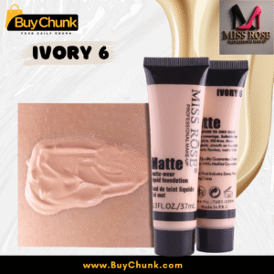 Close-up of Miss Rose Matte Liquid Foundation Ivory 6, showing its smooth texture swatched on skin, with product tubes in the background