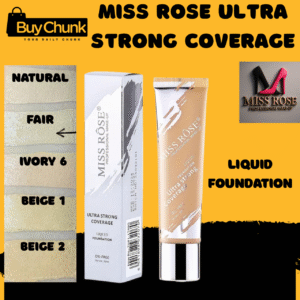 Miss Rose Ultra Strong Coverage Liquid Foundation Fair bottle, packaging, and shade swatches including Natural, Fair, Ivory 6, Beige 1, and Beige 2