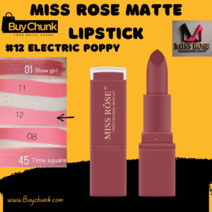 Miss Rose Matte Waterproof Lipstick Shade 12 Electric Poppy on skin showing vibrant nude color.