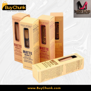 Miss Rose Matte Liquid Foundation in various shades, showcasing the product packaging and different beige tones.