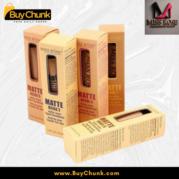 Miss Rose Matte Liquid Foundation in various shades, showcasing the product packaging and different beige tones.