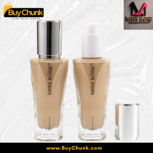 Miss Rose Liquid Foundation and Crystal Ice Concealer bottles, one with a pump dispenser and one with a screw cap, showing packaging variations