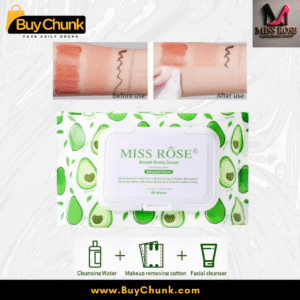 Side-by-side before/after images of makeup removal on skin using Miss Rose Wipes.