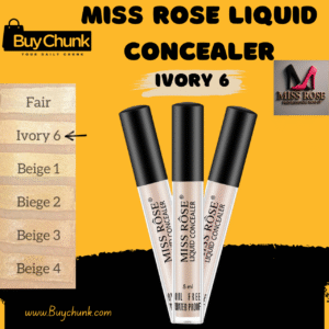Miss Rose Liquid Concealer Ivory 6 shade, with bottle and swatch.