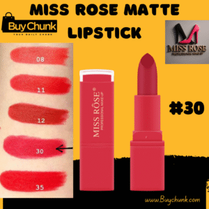 Miss Rose Matte Waterproof Lipstick Shade 30 Deep Raspberry on skin showing vibrant red color.