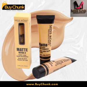 Two tubes of Miss Rose Matte Liquid Foundation amidst a dynamic foundation splatter, emphasizing the product's liquid texture.