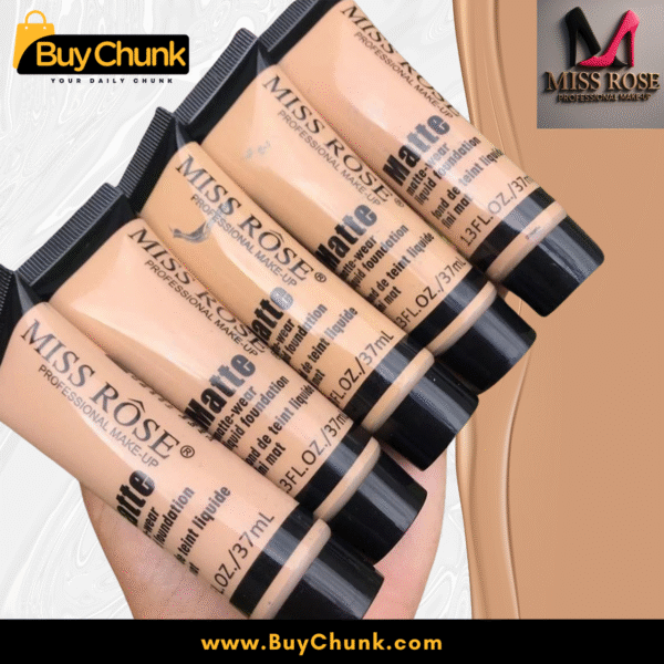 Multiple tubes of Miss Rose Matte Liquid Foundation, highlighting the sleek and portable packaging design