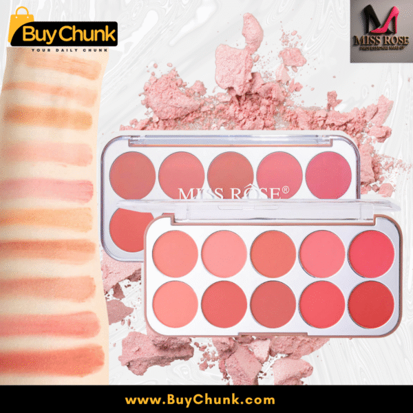 Blush palette with streaked swatches of peach and pink tones beside Miss Rose 10 Color Blusher Palette