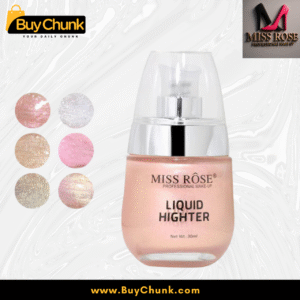 Miss Rose Liquid Highlighter bottle with swatches of various shades including pink, silver, gold, rose gold, and bronze, demonstrating color versatility.