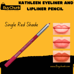 Single KATHLEEN Eyeliner and Lip-liner Pencil single red shade, accompanied by lip swatches highlighting its intense color.
