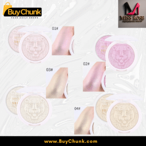 All four shades of Miss Rose 3D Shimmer Highlighter (01, 02, 03, 04) with corresponding arm swatches, demonstrating their distinct luminous effects.