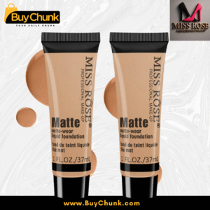 Miss Rose Matte Liquid Foundation in Beige 2, displayed with its packaging box and a swatch of the foundation texture.