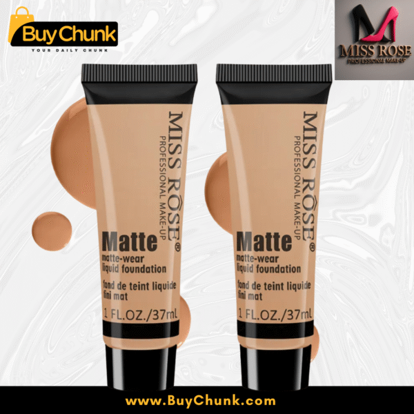 Miss Rose Matte Liquid Foundation in Beige 2, displayed with its packaging box and a swatch of the foundation texture.