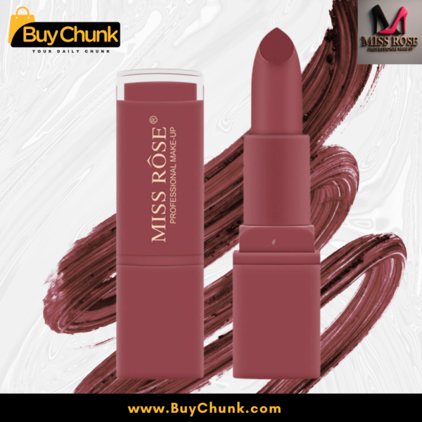 Open Miss Rose lipstick on textured nude background with color streaks.