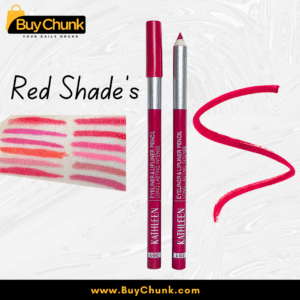 KATHLEEN Eyeliner and Lip-liner Pencil in red shades, showing two pencils and hand swatches for color intensity.