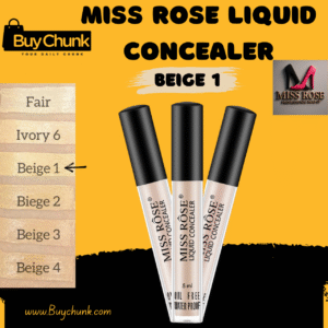 Miss Rose Liquid Concealer Beige 1 shade, highlighting product bottle and swatch.