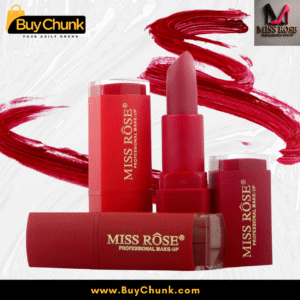 Miss Rose Lipstick shown with four creamy red and nude shade swatches.