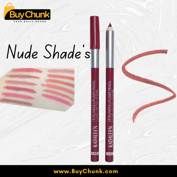 KATHLEEN Eyeliner and Lip-liner Pencil in nude shades, displaying two pencils and hand swatches for creamy texture.