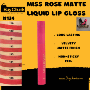 Miss Rose Matte Lip Gloss Shade 134 in a sleek, color-coded pink tube with gold branding, shown alongside a swatch of the same rosy shade.