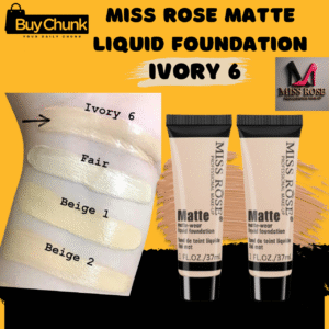 Miss Rose Matte Liquid Foundation Ivory 6, with a swatch on skin alongside Fair, Beige 1, and Beige 2, showing product tubes