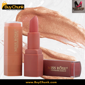 Open and closed Miss Rose Lipstick with bold nude swatch stroke behind.