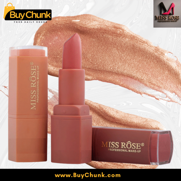 Open and closed Miss Rose Lipstick with bold nude swatch stroke behind.