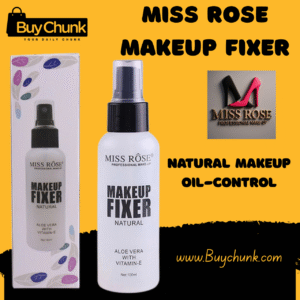 Miss Rose Makeup Fixer bottle and its retail packaging, highlighting natural ingredients and oil control.