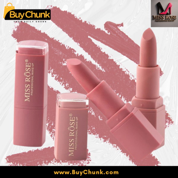 Miss Rose Lipstick shown with four creamy nude shade swatches.