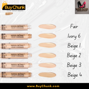 All six Miss Rose Liquid Concealer shades (Fair, Ivory 6, Beige 1-4) displayed as swatches and bottles.